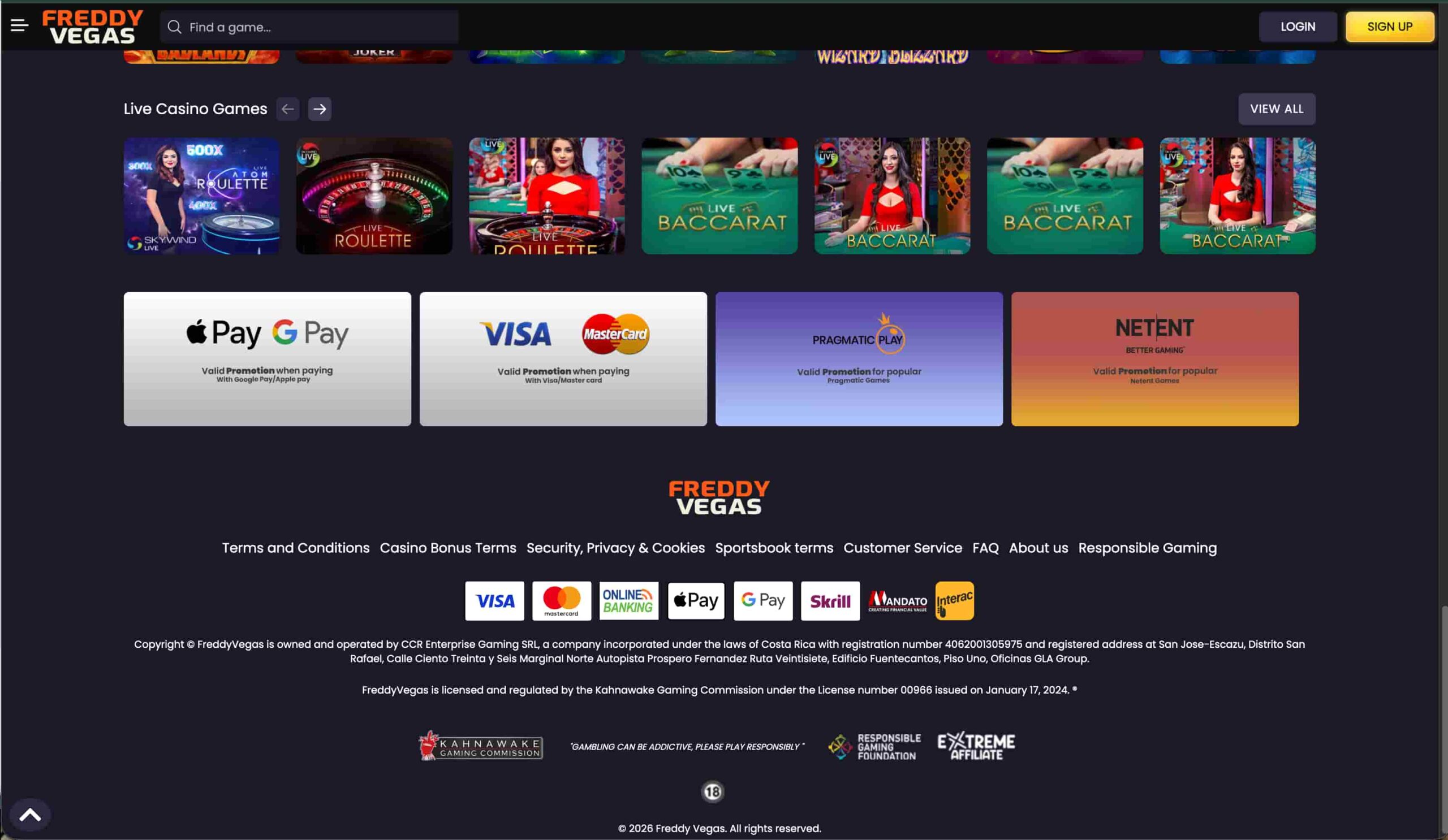 FreddyVegas Casino payments and cashier page