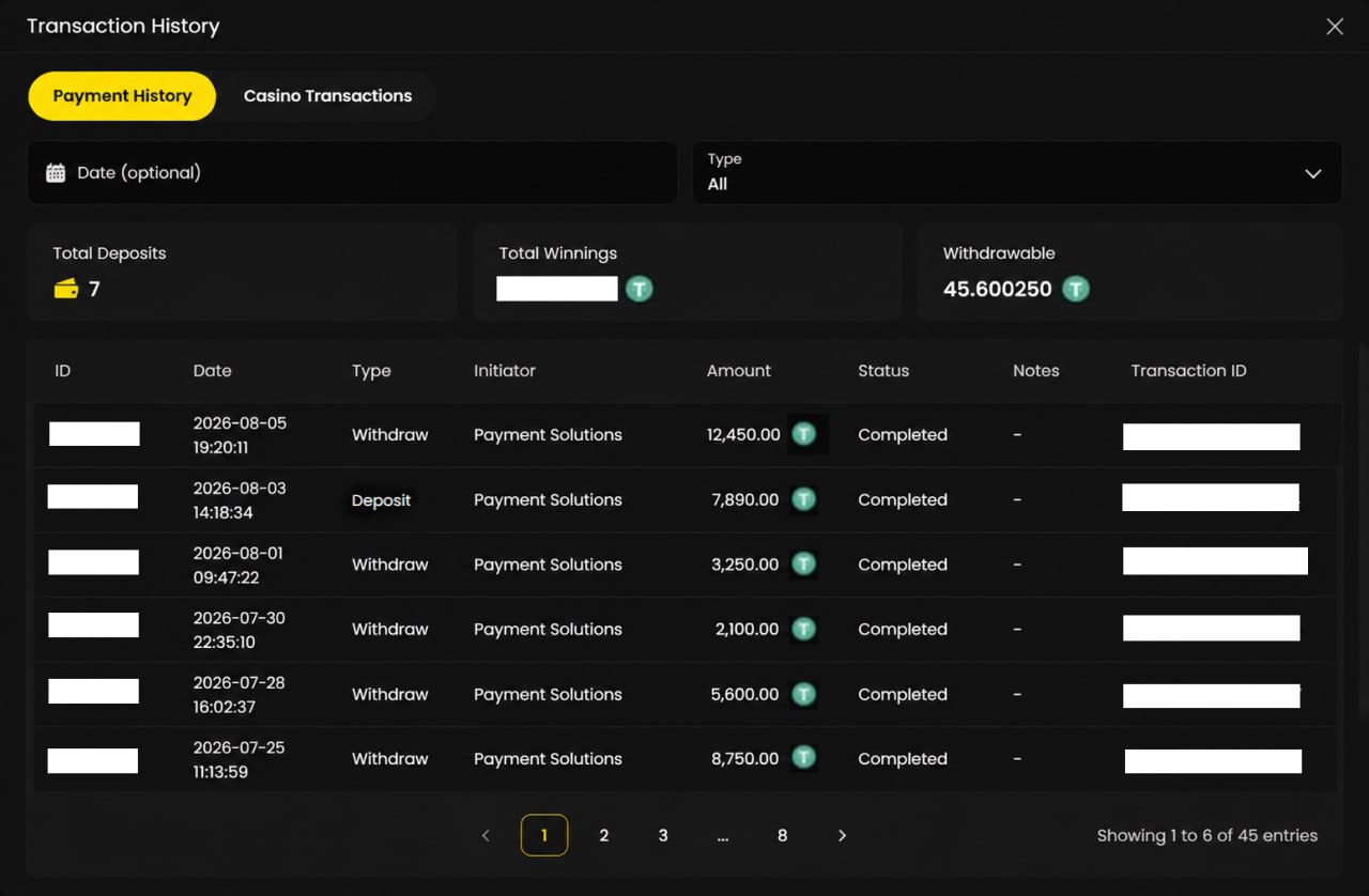 Casino The World desktop transaction history screenshot