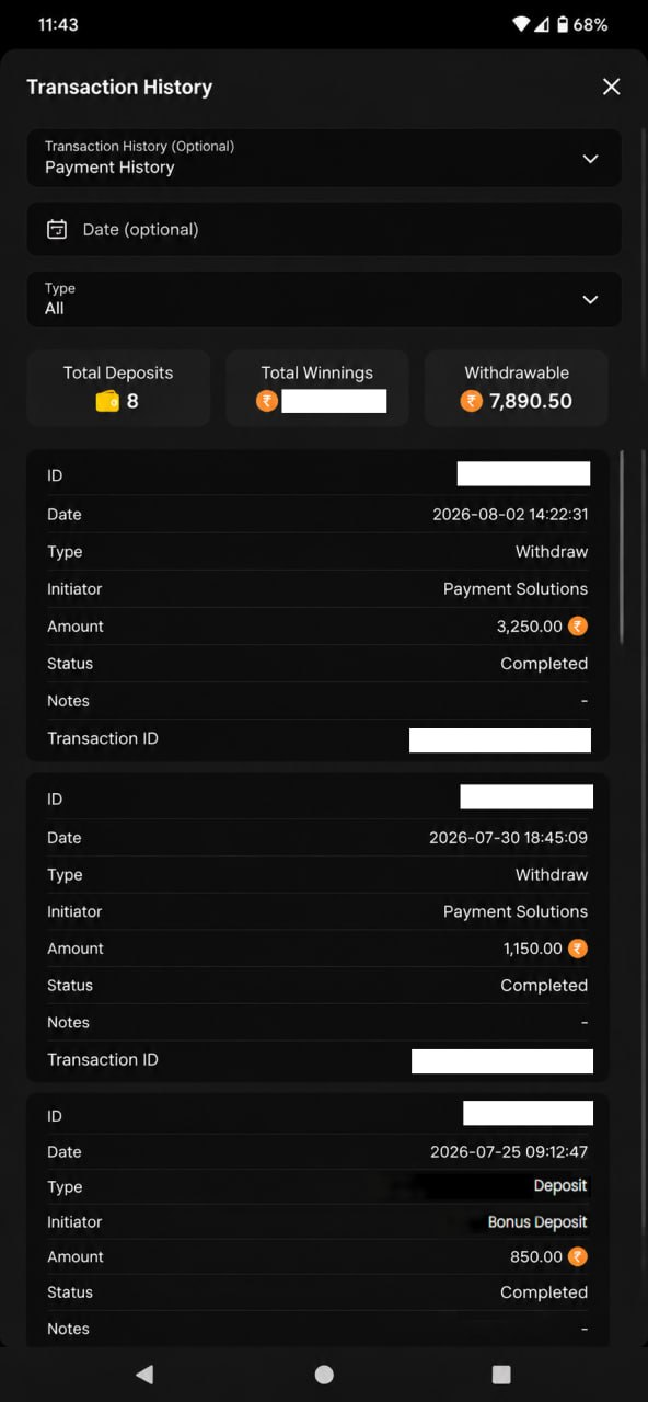 Casino The World mobile transaction history screenshot 2