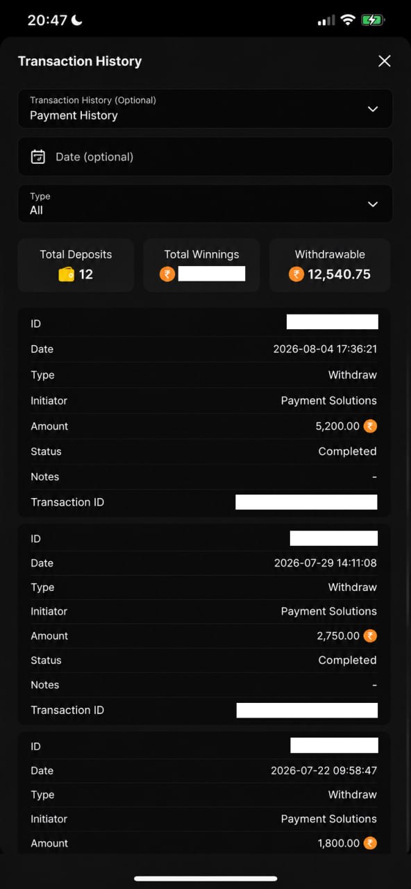 Casino The World mobile transaction history screenshot 3