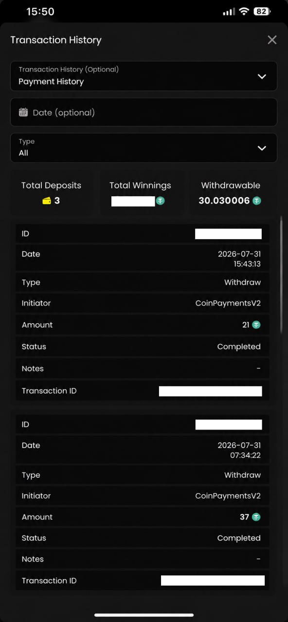 Casino The World mobile transaction history screenshot 1